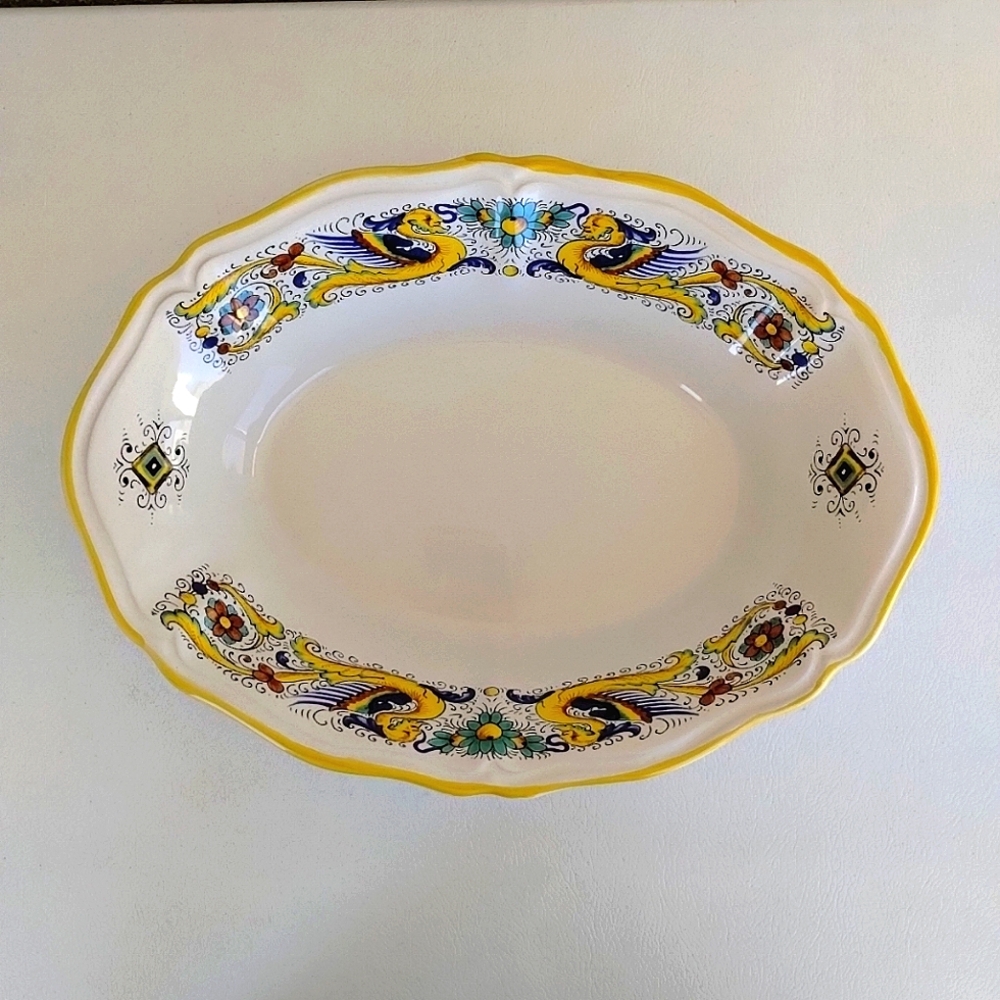 Deruta Ceramiche Pottery Scalloped Oval Serving Dish Double Dragon Italy 14.5 In